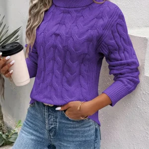 Dames Turtleneck Trui Kabelpatroon Comfortabele Hoge Kraag