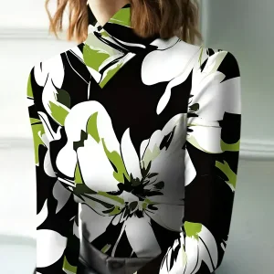 Dames Turtleneck Shirt Bloemprint Lange Mouwen Katoen