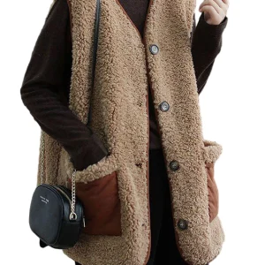 Dames Blouse Waistcoat met Knopen en Zakjes in Khaki