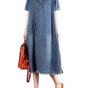 Dames Denim Jurk met Korte Mouwen en Knopen