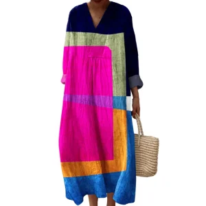 Dames Kleurblok Jurk V-Hals Zacht Ademend Casual Jurken