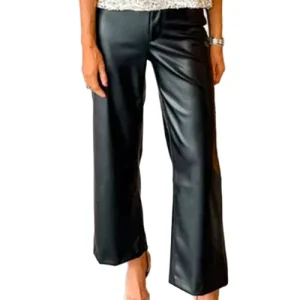 Dames Kunstleren Broek met Rechte Pijpen en Knoopsluiting