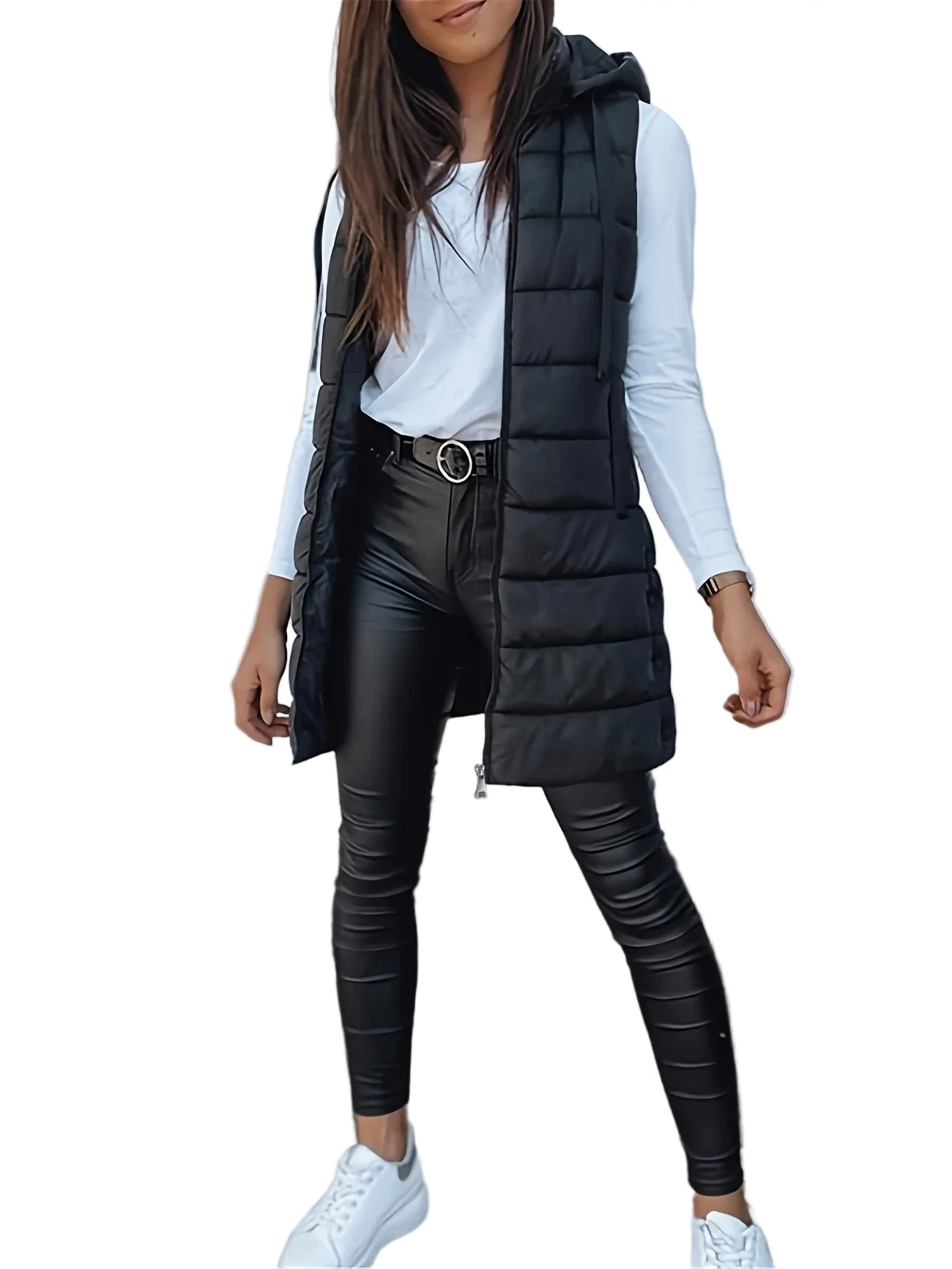 Dames Lange Bodywarmer Met Capuchon Gewatteerd Oversized - Afbeelding 2