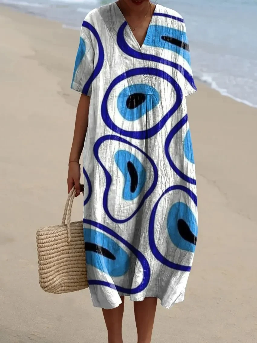 Dames Lange Jurk V-hals Korte Mouwen Gestreept Kleurblok - Afbeelding 9