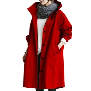 Dames Lange Trenchcoat met Capuchon en Verstelbare Taille