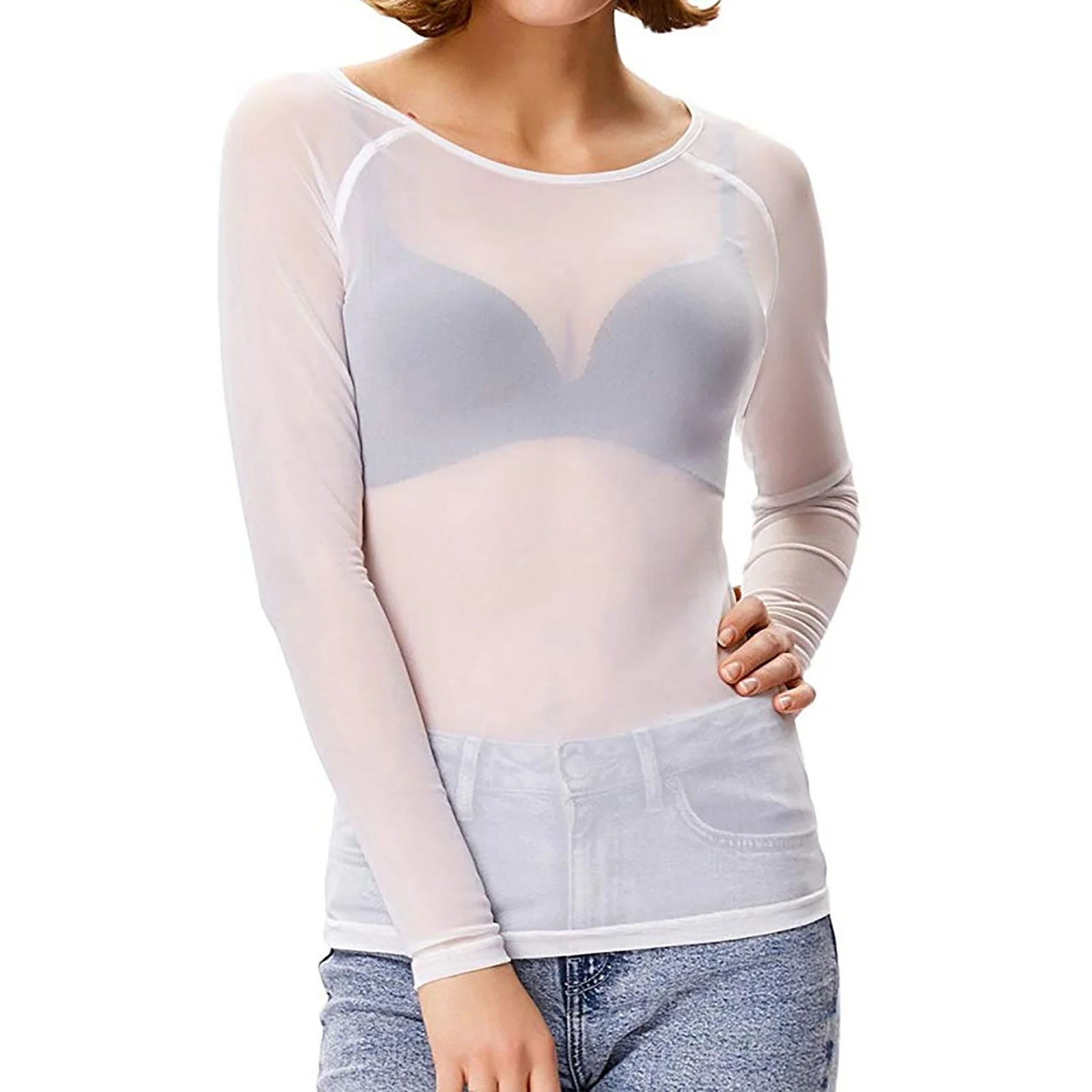 Dames Mesh Top Lange Mouwen Transparant - Afbeelding 4