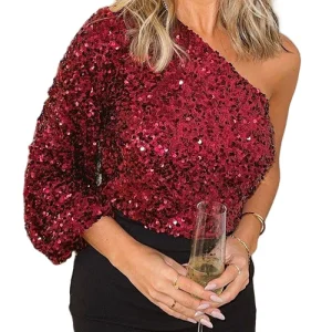 Dames Pailletten Top met Eén Schouder voor Feestelijke Gelegenheden