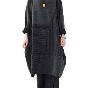 Dames Tweedelige Set Comfy Met Gestreepte Truitop en Wijde Pijpen Broek