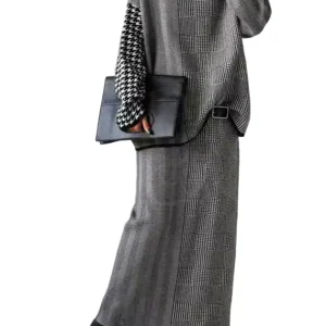 Dames Tweedelige Set Met Geruite Gebreide Trui En Rok