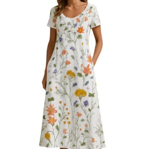 Dames Zomerjurk Korte Mouwen Bloemenprint Luchtige Gemengde Stof