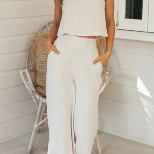 Vrouwen Linnen Stijl Set Casual Shirt en Broek Ademend Linnenmix