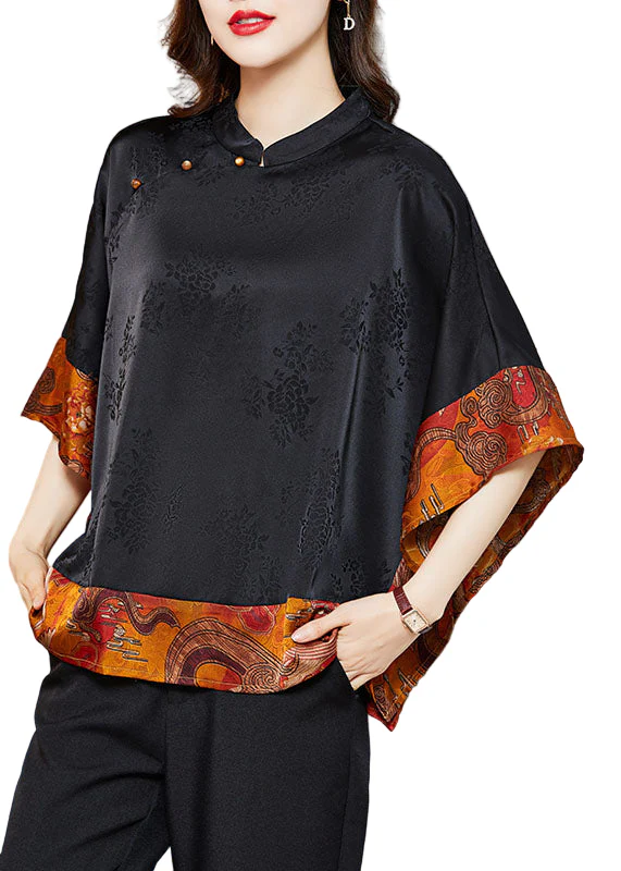 Vintage Zwarte Mandarin Kraag Asymmetrische Patchwork Zijde Blouse - Afbeelding 2