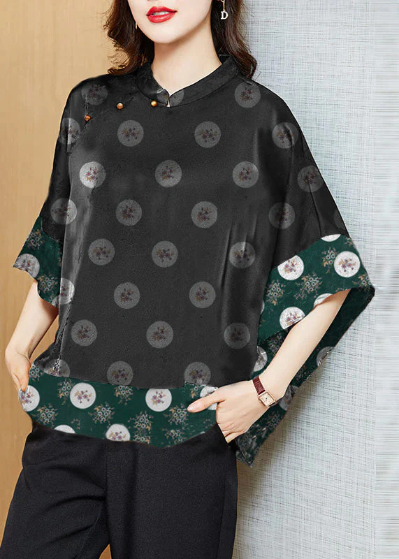 Vintage Zwarte Mandarin Kraag Asymmetrische Patchwork Zijde Blouse - Afbeelding 8