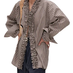 Vrouwen Ruffled Katoenen Shirt met Gestreepte V-hals