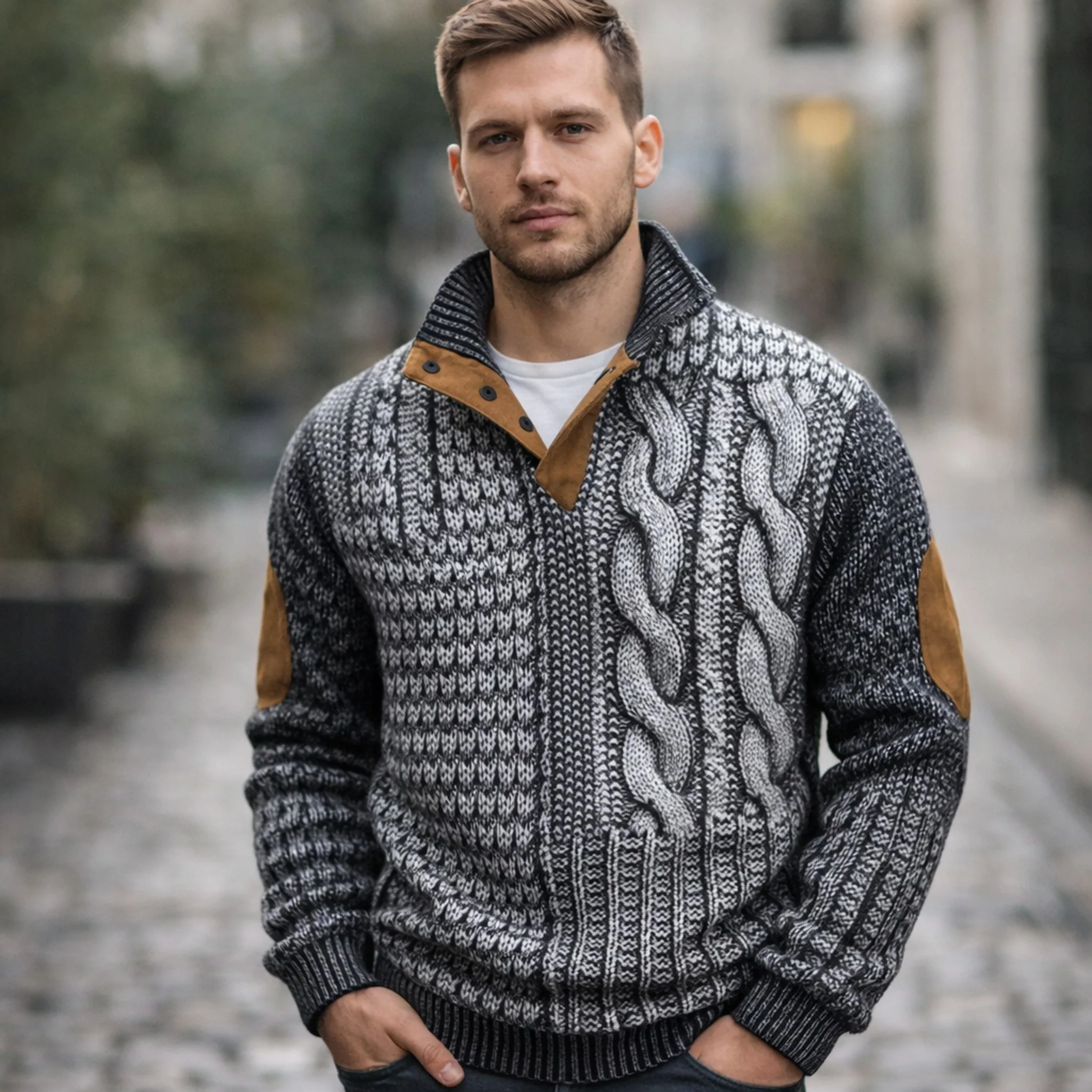 Heren Trui Hoge Hals Met Patchwork Texturen - Afbeelding 3