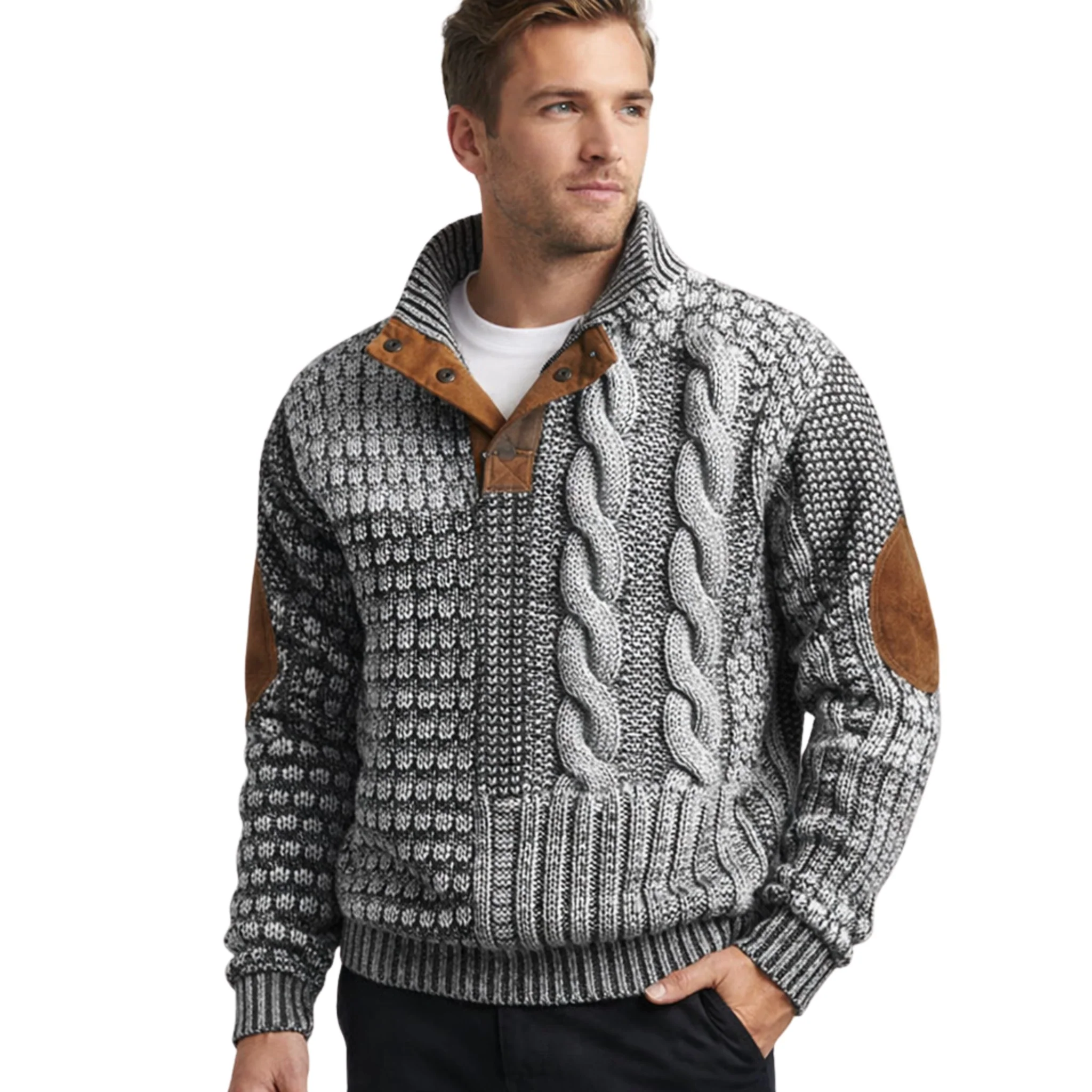 Heren Trui Hoge Hals Met Patchwork Texturen - Afbeelding 2